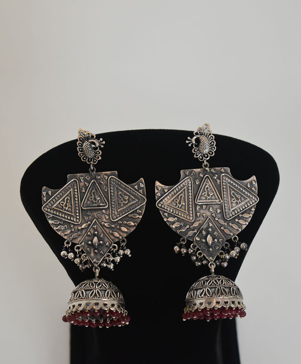 Peacock Jhumkas With Red Stones