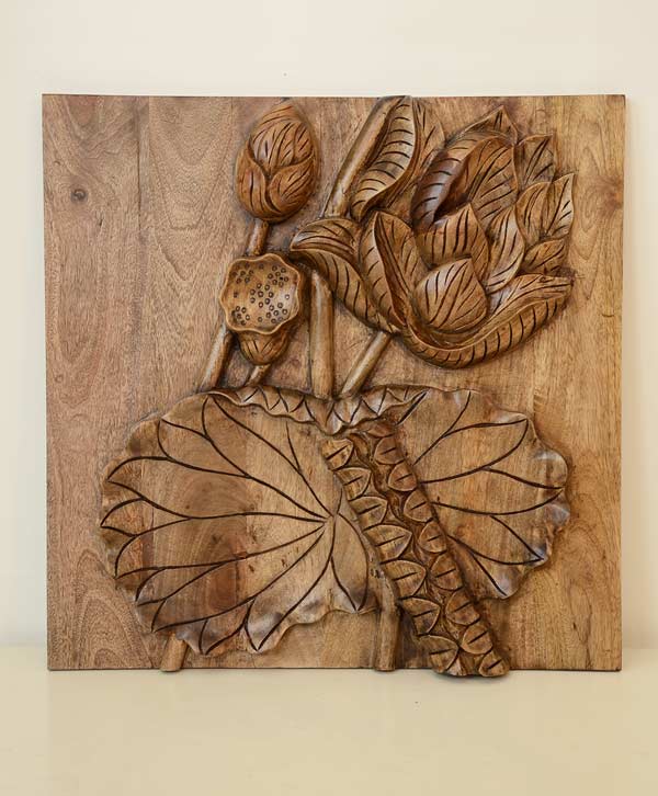 Incricately Hand Carved Lotus & Leaves Wall Art