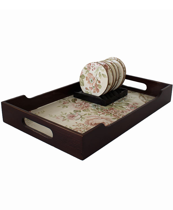 Floral Printed Base Wooden Tray With Coaster Set