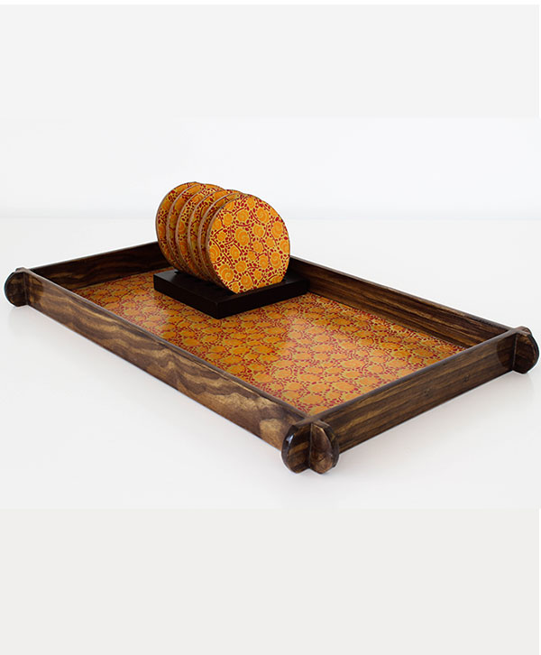 Floral Printed Base Wooden Tray With Coaster Set