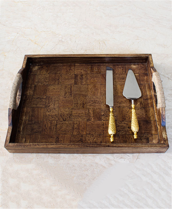 Wooden Tray With Jute On Handles